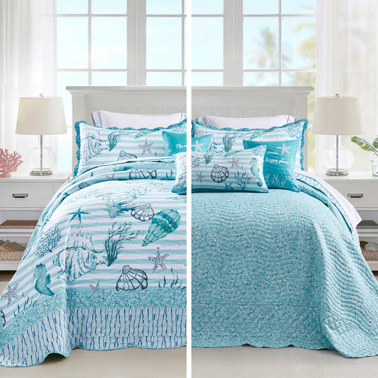 HZ & HY Coastal Oversized Bedspread Coverlet Set, Beach Nautical Lightweight Reversible 6 Piece Bedding Cover