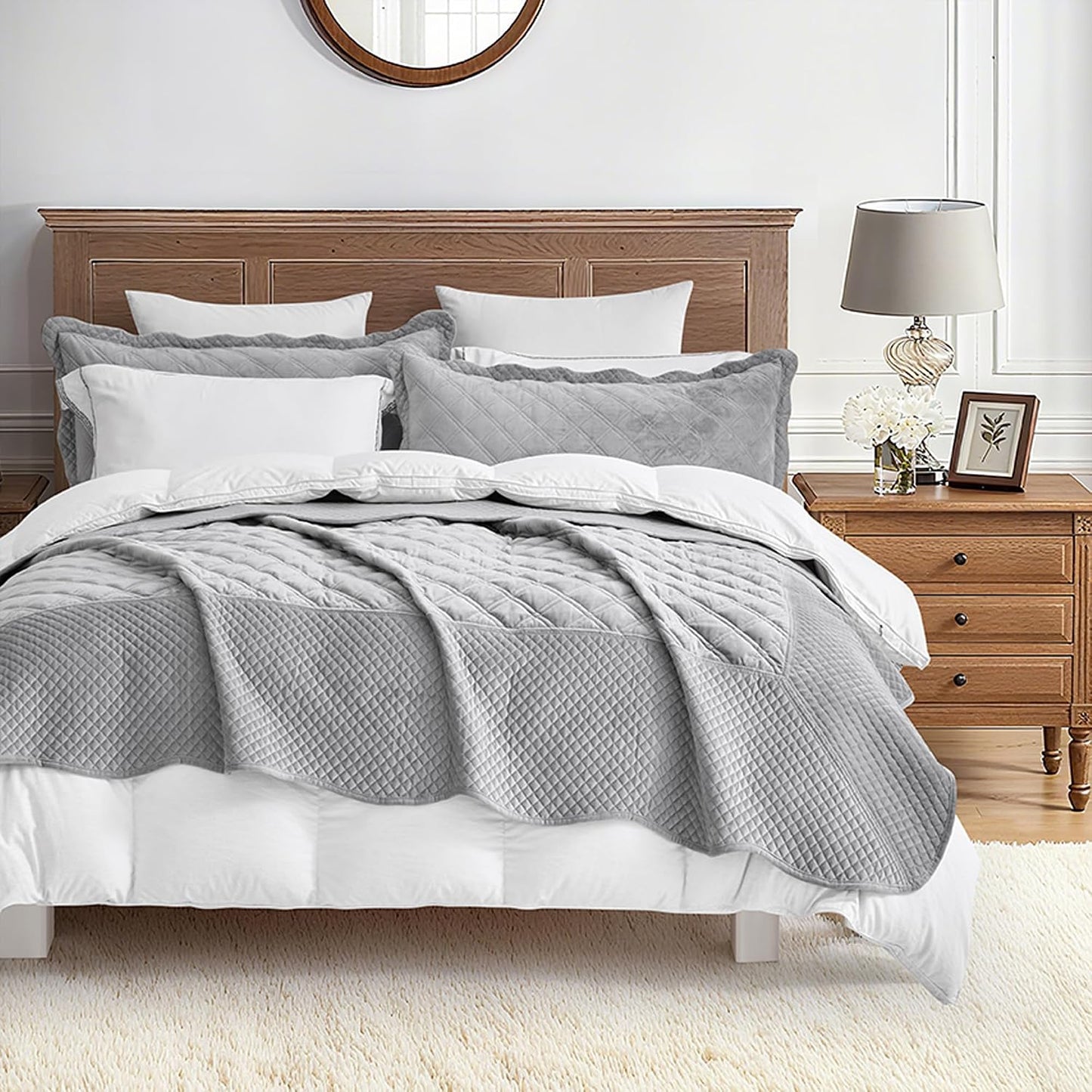 Blythease Oversized Velvet Bedspread Coverlet Set, Diamond Quilted Reversible 5 Piece Bedding Cover