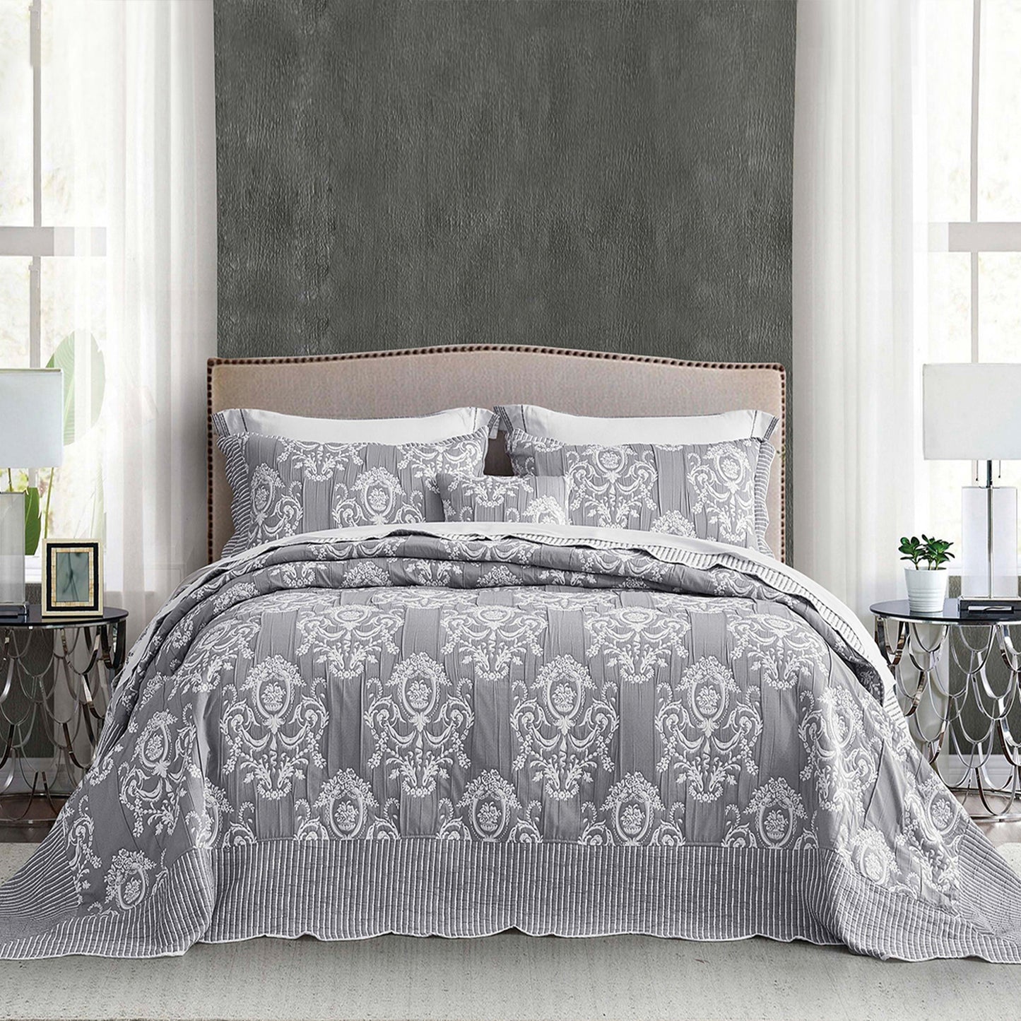 HZ & HY Jacquard Matelasse Oversized Bedspread Set, Classic Damask Reversible Bedding Cover