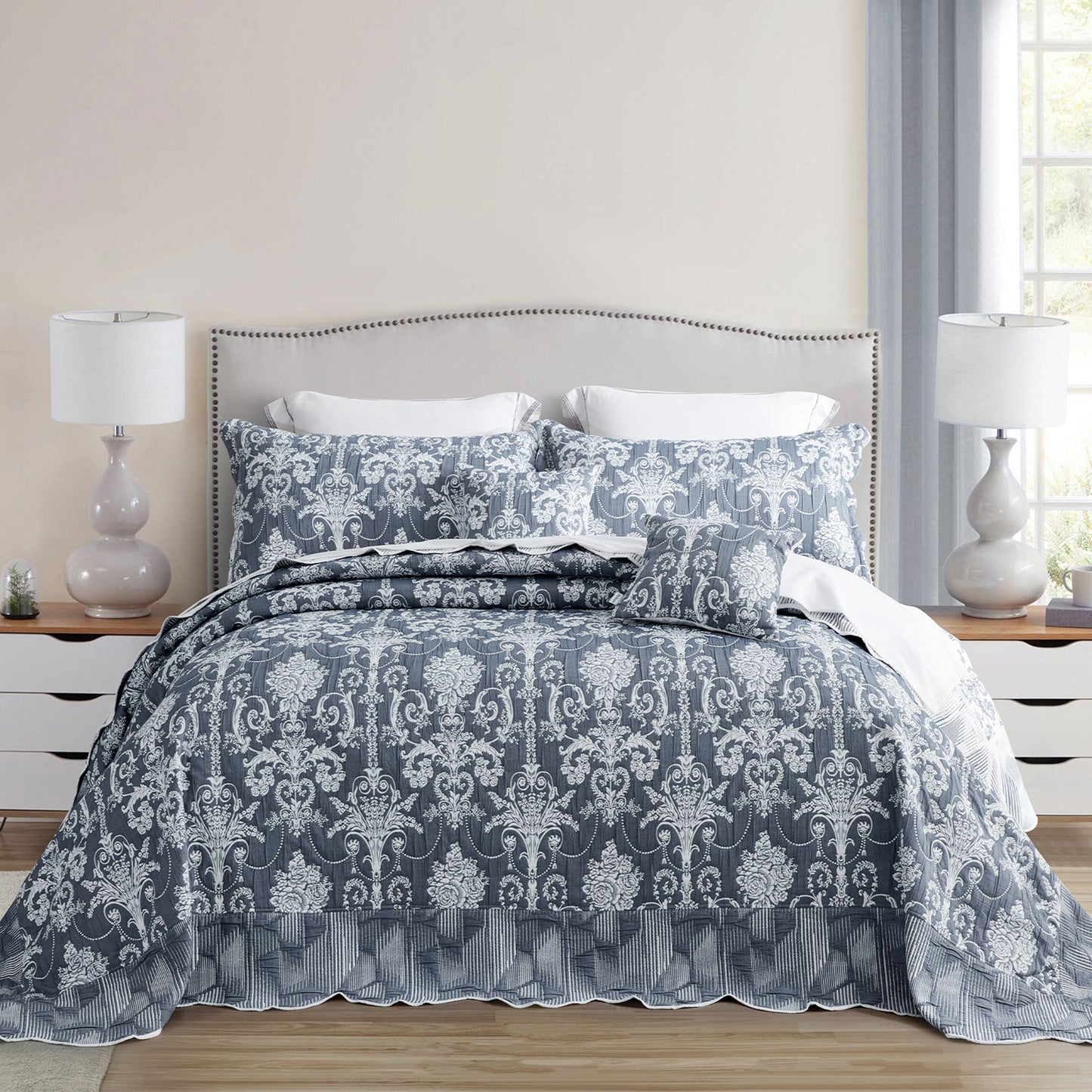 Blythease Jacquard Oversized Bedspread Set, Classic Damask Bedding Cover