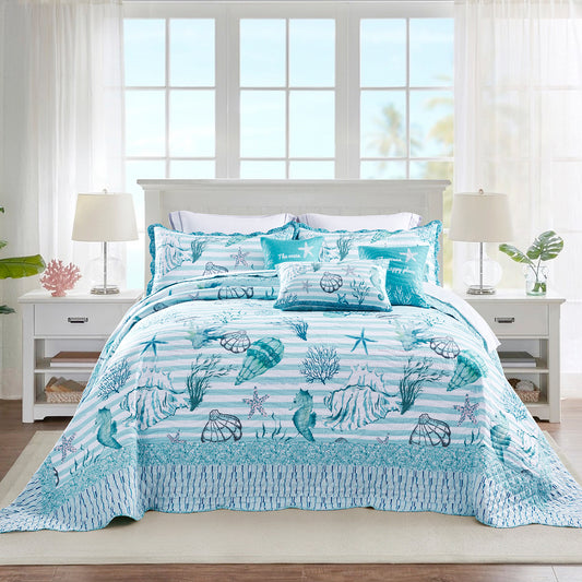 HZ & HY Coastal Oversized Bedspread Coverlet Set, Beach Nautical Lightweight Reversible 6 Piece Bedding Cover
