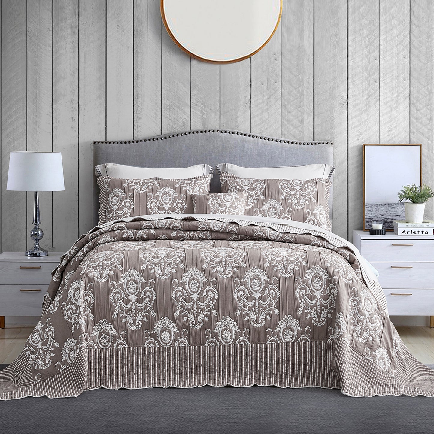 HZ & HY Jacquard Matelasse Oversized Bedspread Set, Classic Damask Reversible Bedding Cover