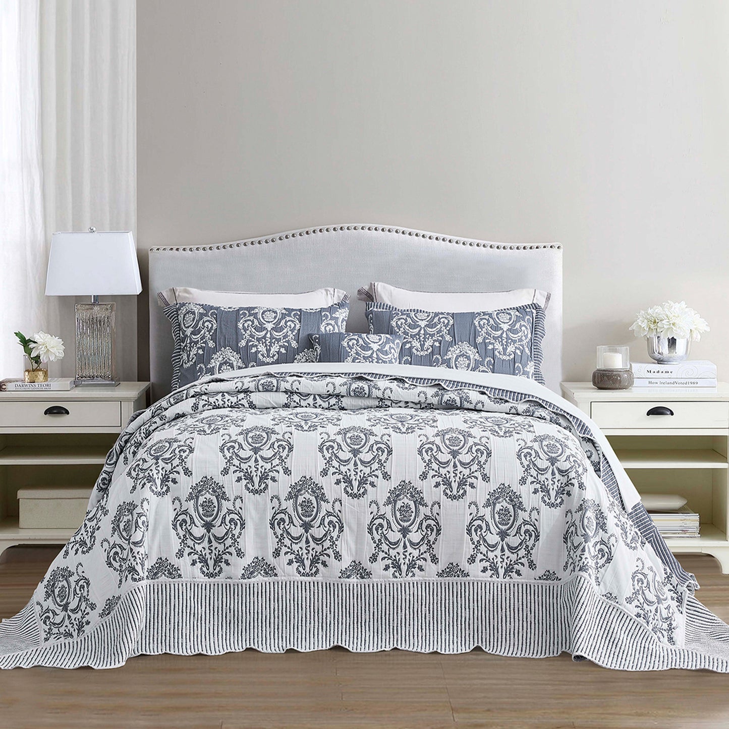 HZ & HY Jacquard Matelasse Oversized Bedspread Set, Classic Damask Reversible Bedding Cover