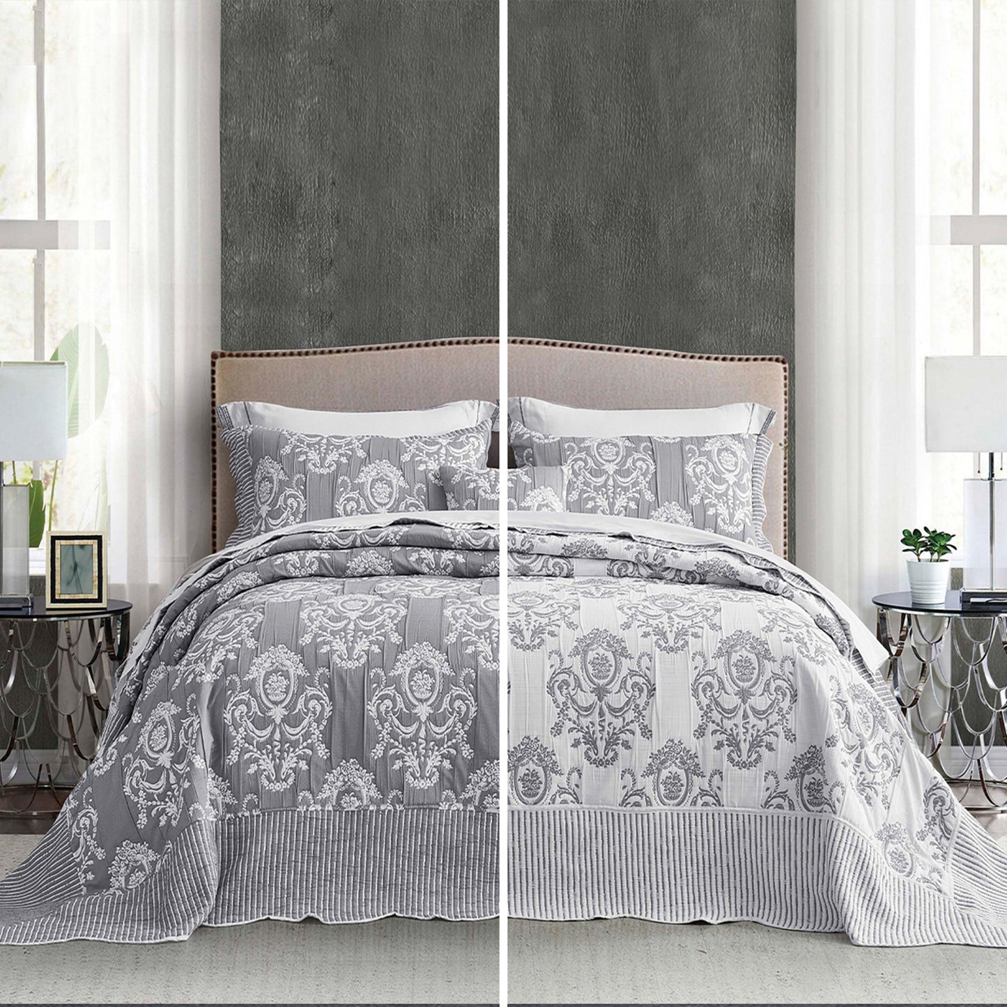 HZ & HY Jacquard Matelasse Oversized Bedspread Set, Classic Damask Reversible Bedding Cover
