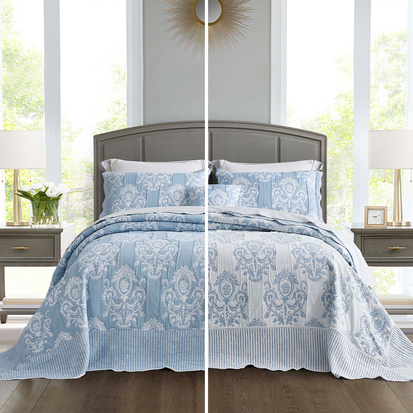 HZ & HY Jacquard Matelasse Oversized Bedspread Set, Classic Damask Reversible Bedding Cover