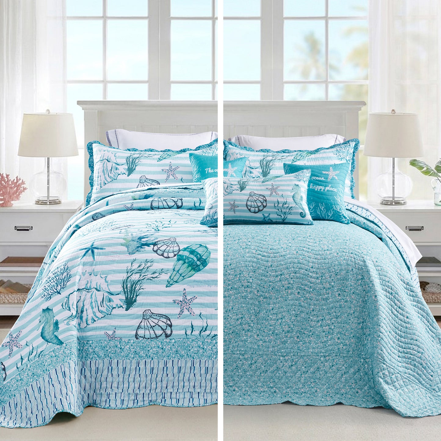 HZ & HY Coastal Oversized Bedspread Coverlet Set, Beach Nautical Lightweight Reversible 6 Piece Bedding Cover