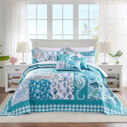 HZ & HY Coastal Oversized Bedspread Coverlet Set, Beach Nautical Lightweight Reversible 6 Piece Bedding Cover