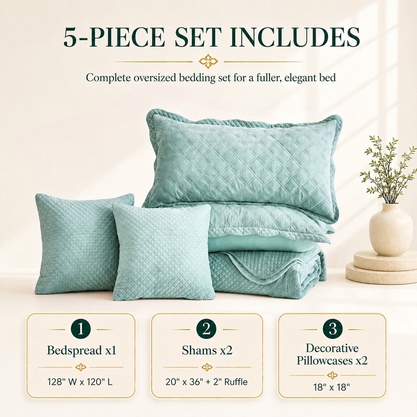 Blythease Oversized Velvet Bedspread Coverlet Set, Diamond Quilted Reversible 5 Piece Bedding Cover