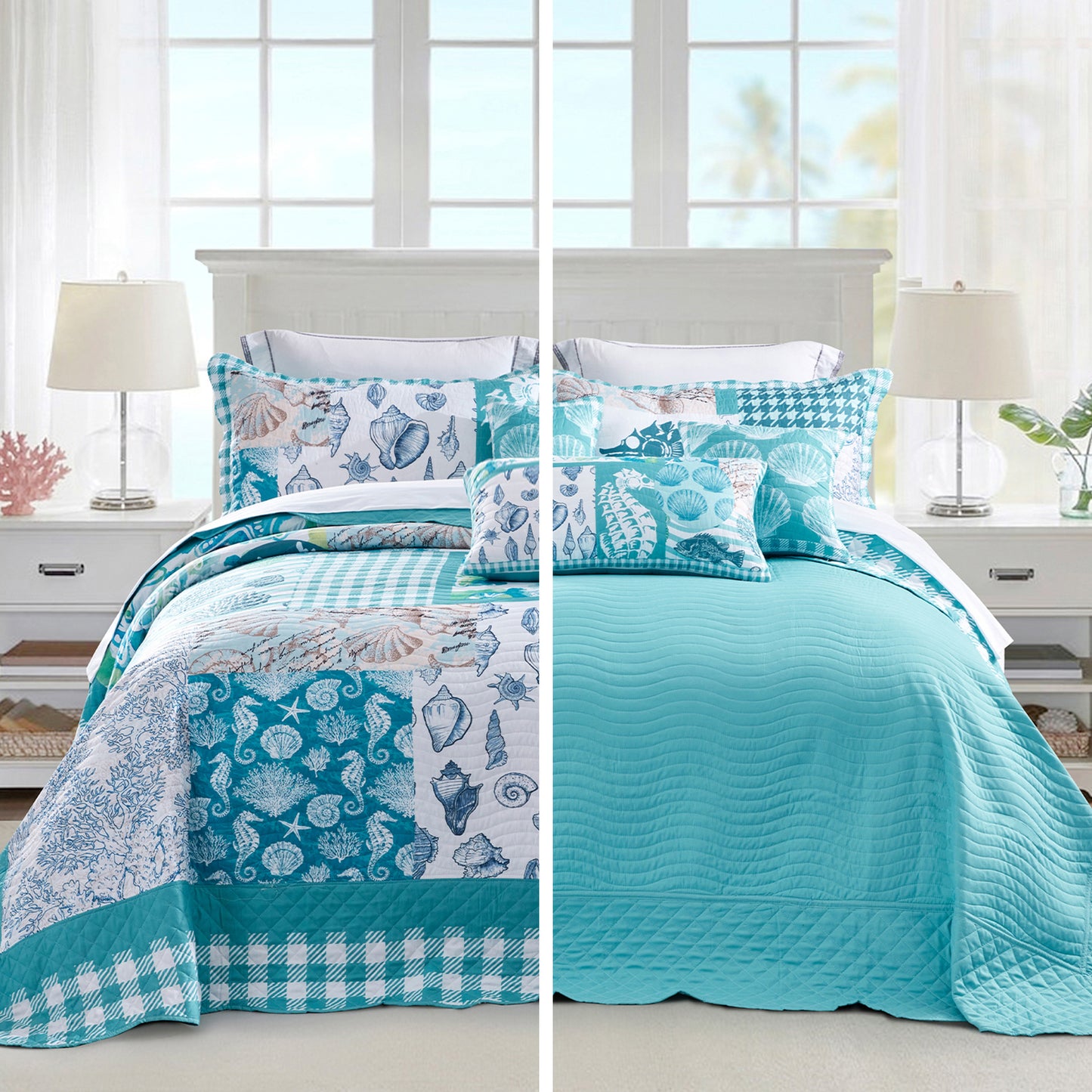 HZ & HY Coastal Oversized Bedspread Coverlet Set, Beach Nautical Lightweight Reversible 6 Piece Bedding Cover