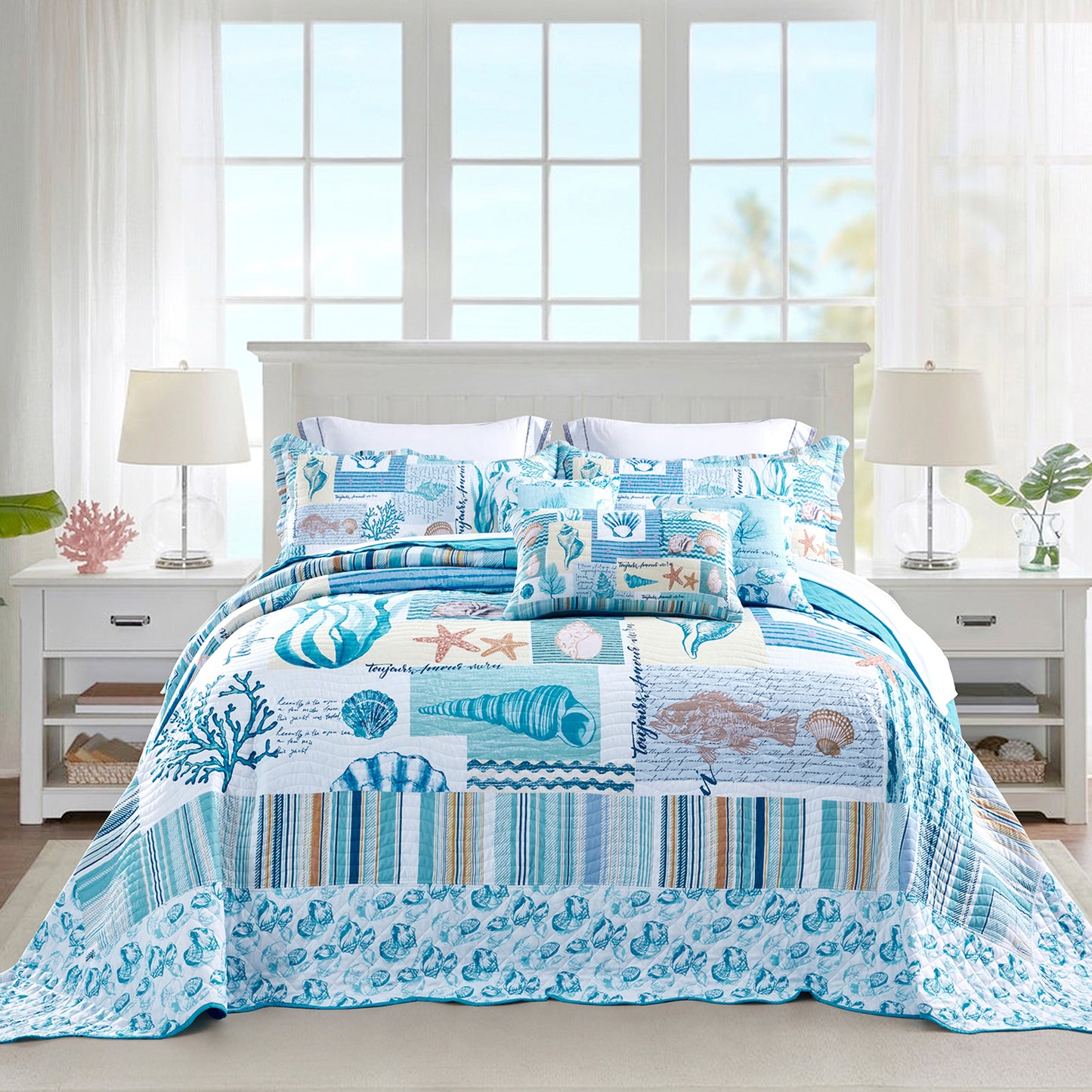 HZ & HY Coastal Oversized Bedspread Coverlet Set, Beach Nautical Lightweight Reversible 6 Piece Bedding Cover