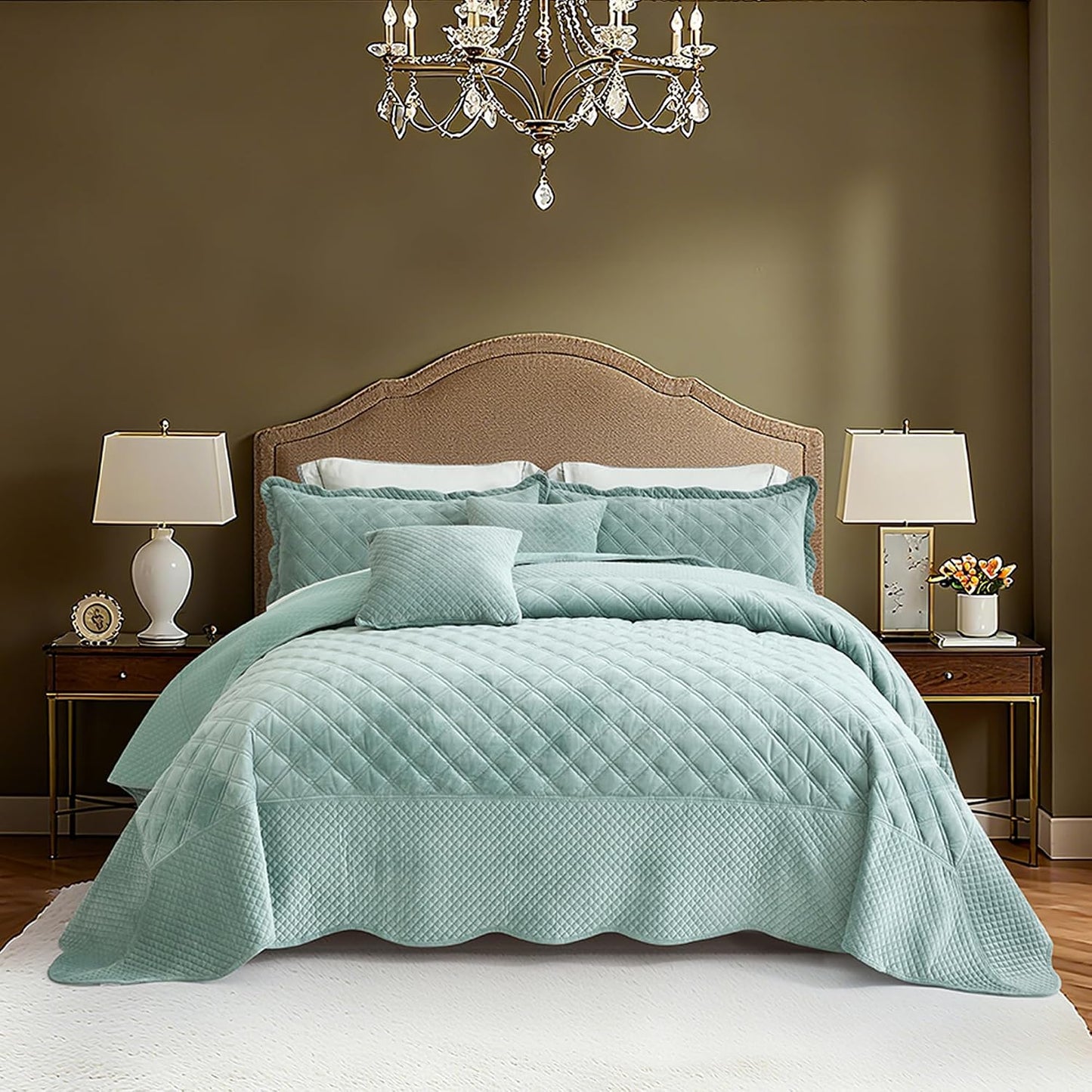 Blythease Oversized Velvet Bedspread Coverlet Set, Diamond Quilted Reversible 5 Piece Bedding Cover