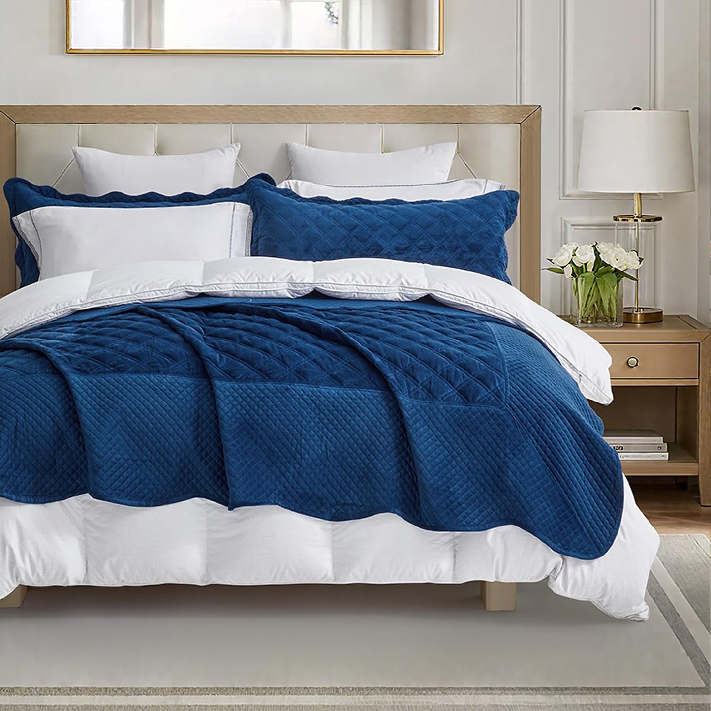 Blythease Oversized Velvet Bedspread Coverlet Set, Diamond Quilted Reversible 5 Piece Bedding Cover