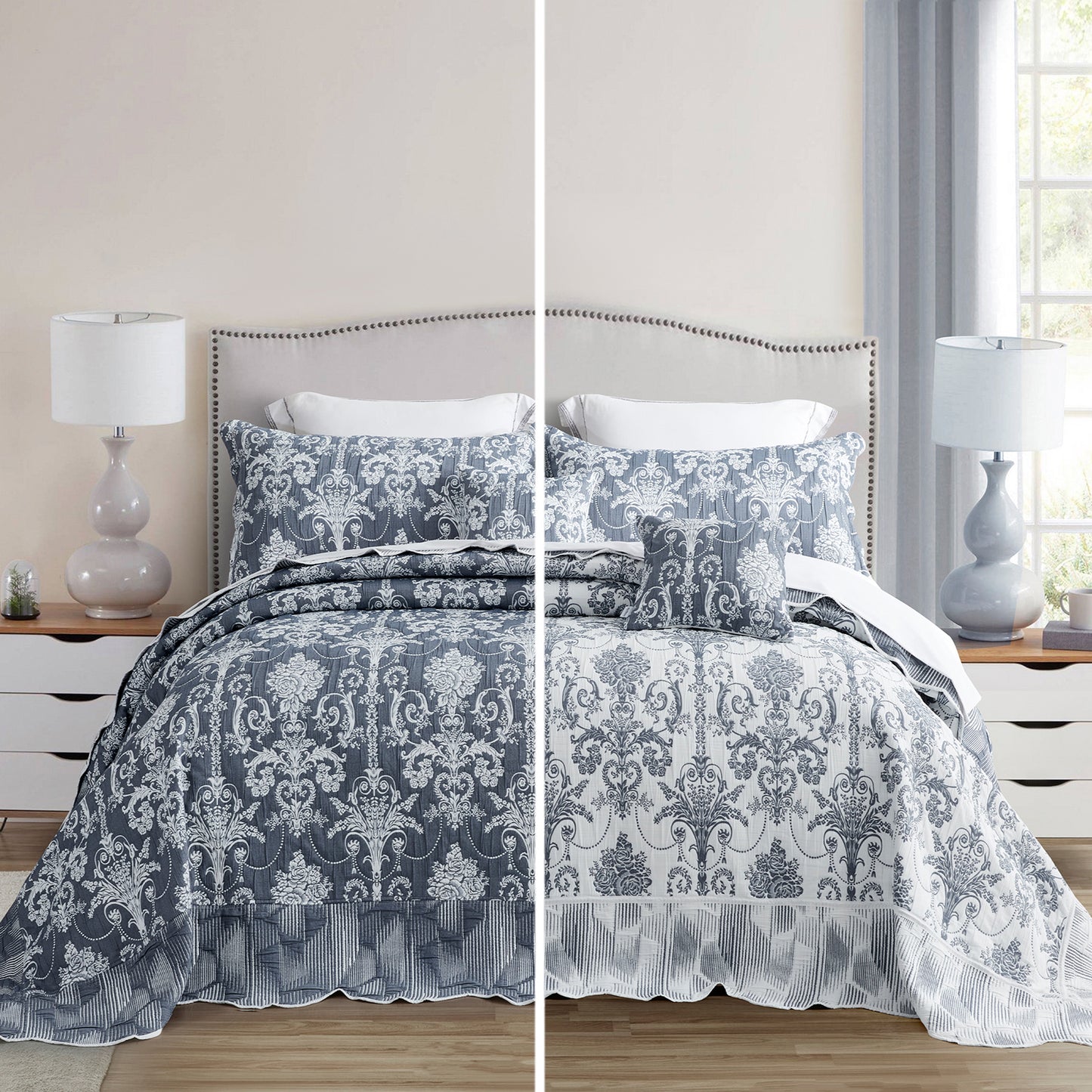 Blythease Jacquard Oversized Bedspread Set, Classic Damask Bedding Cover