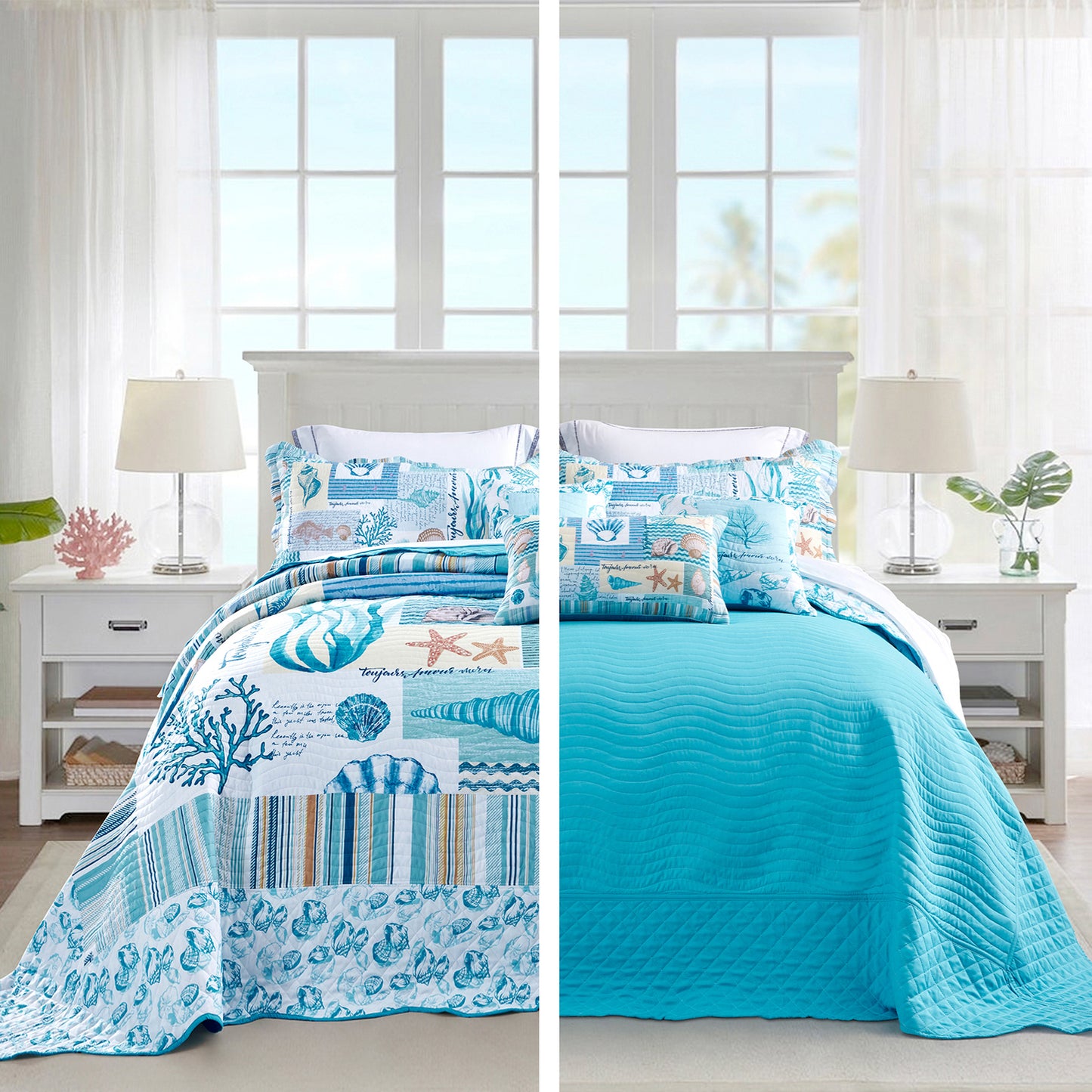 HZ & HY Coastal Oversized Bedspread Coverlet Set, Beach Nautical Lightweight Reversible 6 Piece Bedding Cover